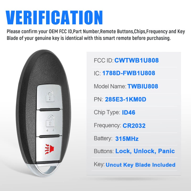 Keymall keyless Entry Remote car Key fob Replacement for for Nissan Cube Juke Leaf Quest CWTWB1U808 315MHz - Image 2